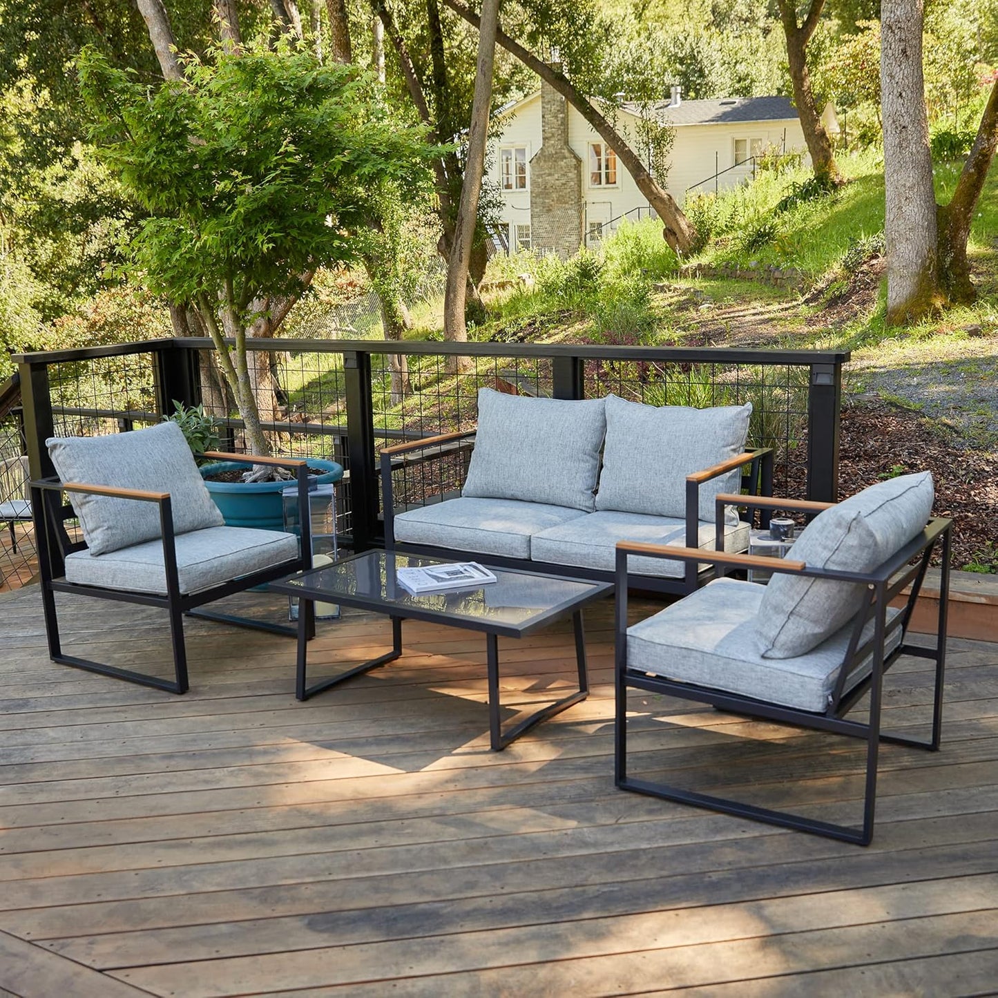 EAST OAK Patio Furniture Set, 4-Piece Outdoor Patio Set with Sofa, Removable & Washable Deep Seating Cushion, Tempered Glass Table, Outside Patio Conversation Sets, 25 Upgraded, Light Gray & Black