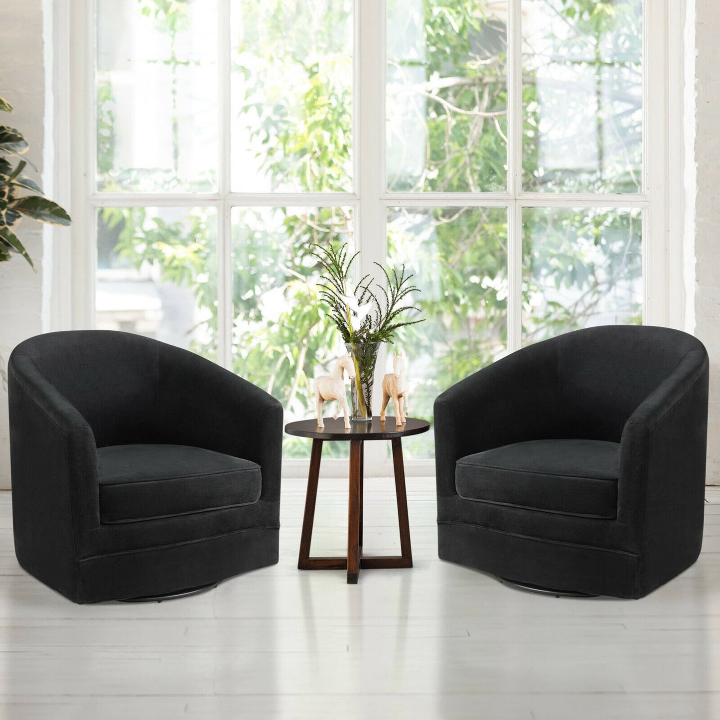 Gymax Velvet Swivel Barrel Accent Chairs with Metal Base, Black (Set of 2)