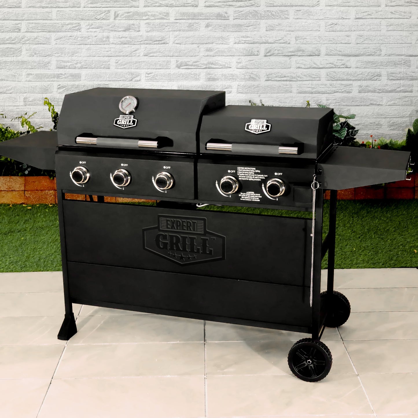 Expert Grill 5 Burner Combination Propane Gas Grill and Propane Griddle, Black, New