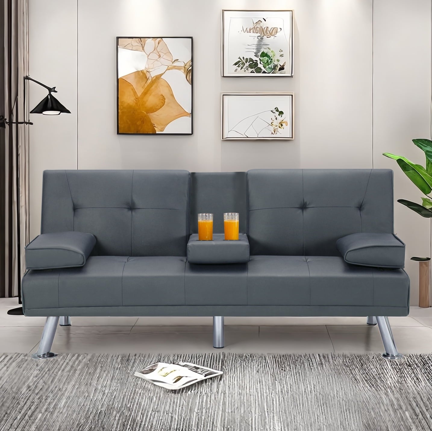 BSHTI 66.1” Convertible Futon Sleeper Sofa,3 Angles for Adjusting Backrest,PU Upholstery Twin Size Sofa Bed,with 2 Cup Holders(Dark Gray)