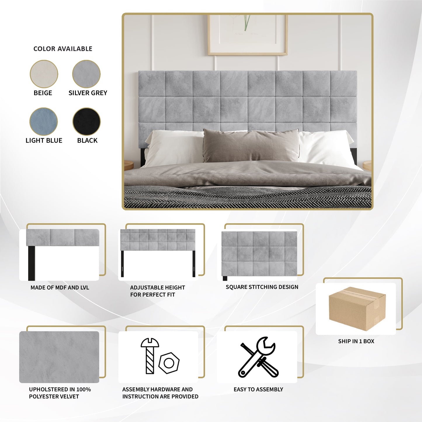 Castle Place Classic Sqaure Tufted Velvet Upholstered King Headboard, Silver Grey