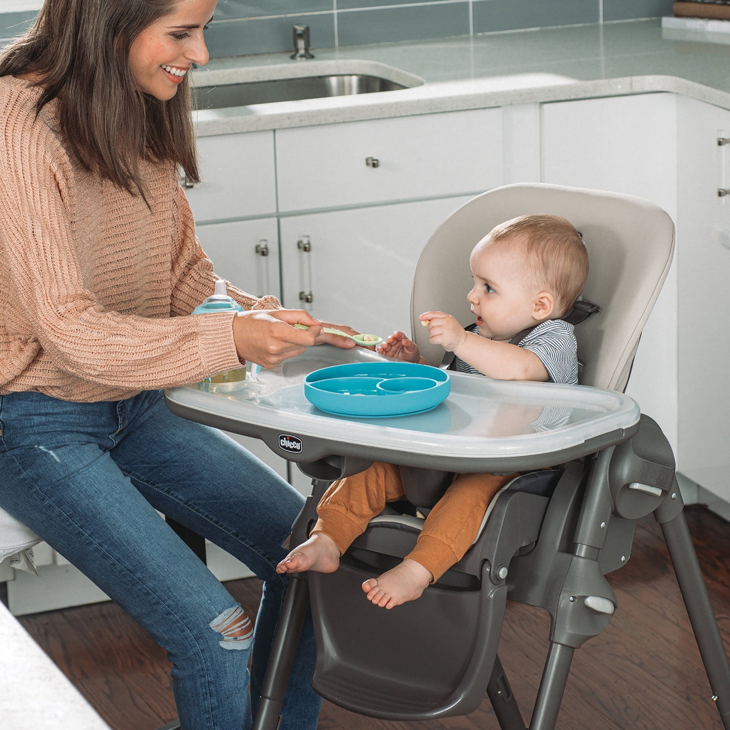 Chicco Polly Space-Saving Fold Easy Clean Highchair - Taupe (Beige), New