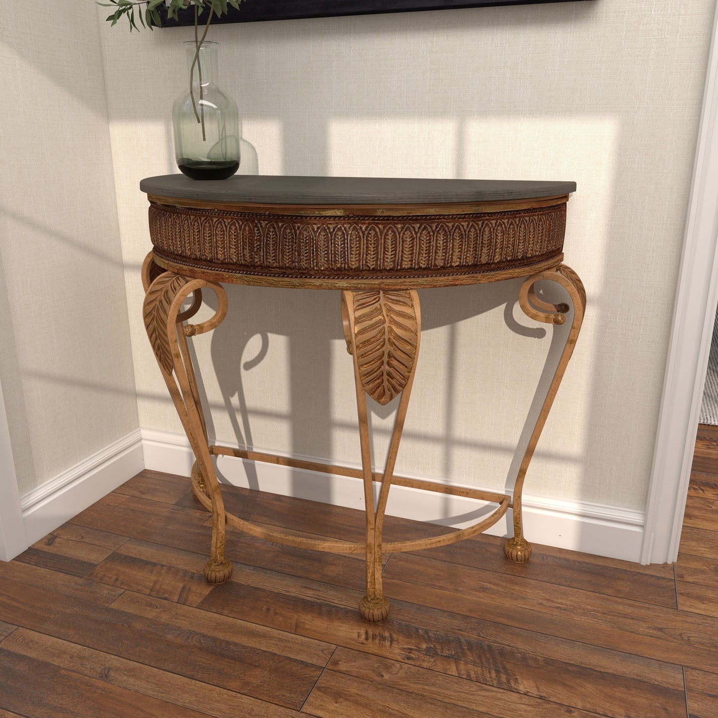 DecMode 41" x 33" Gold Metal Embossed Leaf Console Table with Ornate Scroll Legs, 1-Piece
