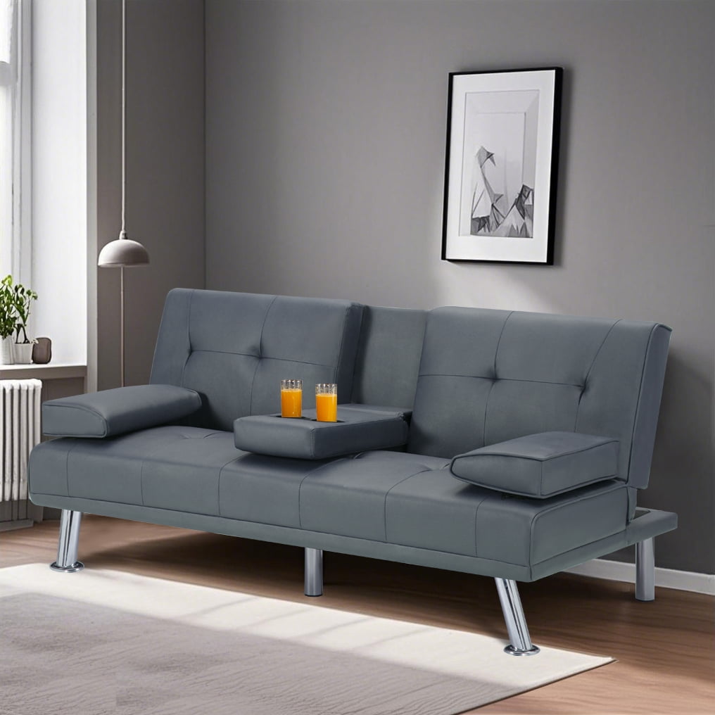 BSHTI 66.1” Convertible Futon Sleeper Sofa,3 Angles for Adjusting Backrest,PU Upholstery Twin Size Sofa Bed,with 2 Cup Holders(Dark Gray)