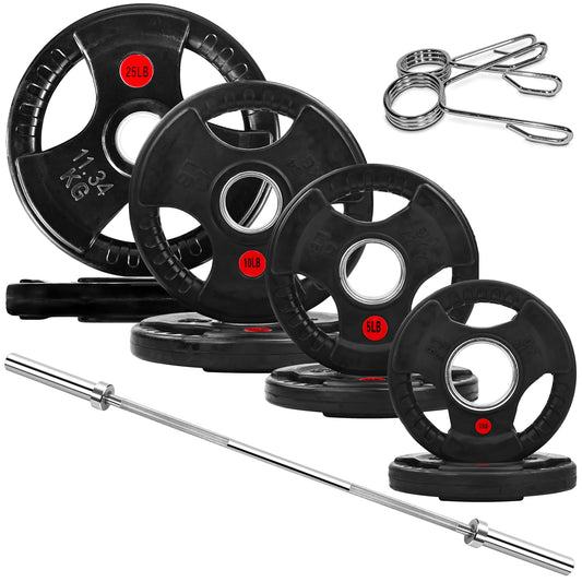 BalanceFrom 2" Rubber Olympic Grip Weight Plates Set, Including 5FT Standard Barbell with Locks, 85lbs Weight Plates Set(2x 2.5lb, 2x 5lb, 2x 10lb, 2x 25lb), Rubber Grip Weight Plate