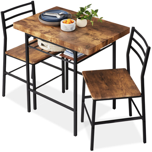 Best Choice Products 3-Piece Modern Dining Set, Square Table & Chairs Set w/ Steel Frame, Storage Rack - Brown