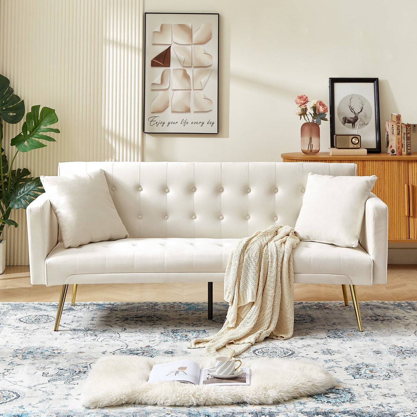 Bianlte Modern Velvet Futon Sofa Bed,Convertible Sleeper Sofa Couch with 3 Adjustable Couch Loveseat with Metal Leg for Living Room and Bedroom,Beige