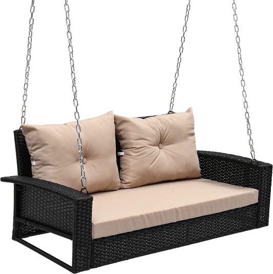 Dextrus 2-Seats Wicker Hanging Porch Swing Chair Outdoor Black Rattan Patio Swing Lounge w/ 2 Back Cushions Capacity 770lbs for Garden, Balcony, Living Room, Beige