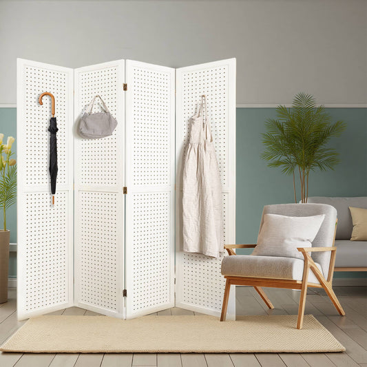 Dovelina 4 Panel Freestanding Room Divider, 5.6Ft Wooden Privacy Screen with Shelves, White