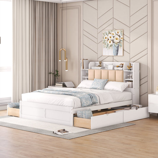 EUROCO Upholstered Queen Bed, Wood Platform Bed with Shelves and Drawers for Adults, Heavy Duty for Bedroom,Guests Room,White
