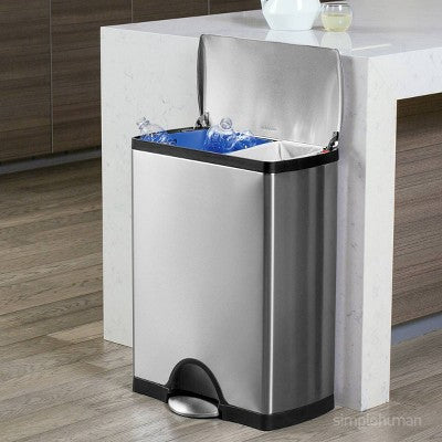 simplehuman 46L Dual Compartment Kitchen Step Trash Can &#38; Recycler Stainless Steel Garbage Can with Fingerprint Proof Finish