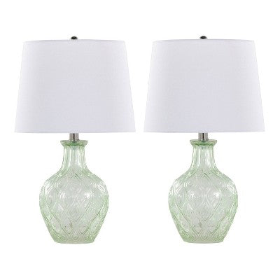 LumiSource (Set of 2) Gloria Round 20" Contemporary Table Lamps Clear Champagne Lustre Glass, Chrome Metal and White Linen Shade