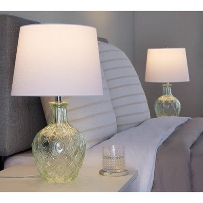 LumiSource (Set of 2) Gloria Round 20" Contemporary Table Lamps Clear Champagne Lustre Glass, Chrome Metal and White Linen Shade