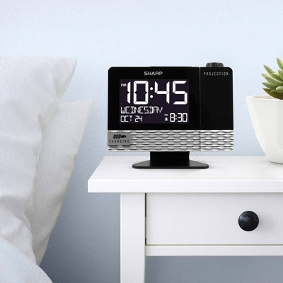 Projection with Usb Charge Table Clock Black - Sharp: Modern LED Display, Snooze, Wall Projection Feature