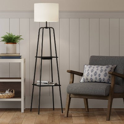 20" Etagere Power Source Shelf Floor Lamp Black Metal/Wood - Threshold: USB Port, Modern Design