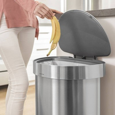 simplehuman 45L Kitchen Step Trash Can with Silent Close Lid Stainless Steel Semi Round Garbage Can with Fingerprint Proof Finish