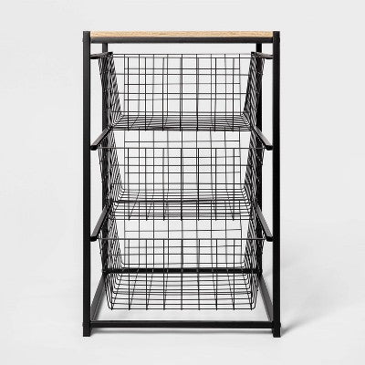 3 Drawer Organizer Black Metal with Natural Wood - Brightroom: Decorative Storage Drawers, Bedroom Dresser, Anti-Tip