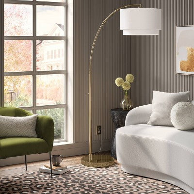 68"x41" Knurled Metal Arc Floor Lamp with Tiered Shade Brass - Threshold: Curved Standing Illumination for Living Room