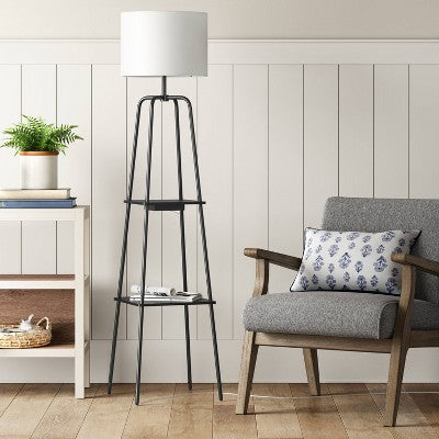 20" Etagere Power Source Shelf Floor Lamp Black Metal/Wood - Threshold: USB Port, Modern Design