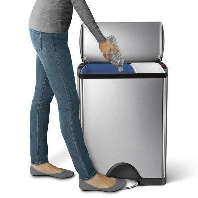 simplehuman 46L Dual Compartment Kitchen Step Trash Can &#38; Recycler Stainless Steel Garbage Can with Fingerprint Proof Finish