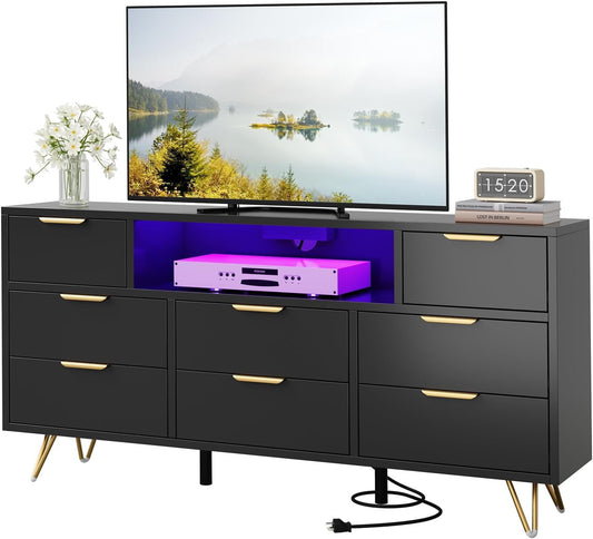 Hetoy 8-Drawer Black Dresser with LED Lighting & Integrated Charging Station – Modern Storage TV Stand for Bedroom, Living Room, Closet & Hallway Organization