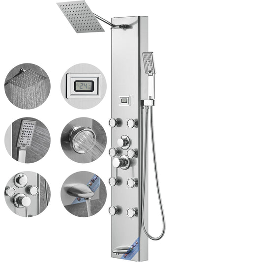 KFFKFF Shower Panel System, Quintuple Shower Functions, Numeric Indicator Shower Panel Tower, Downpour, 8 Therapeutic Jets, Bathtub Faucet, with 59" Hose, Stainless Steel Wall-Attached Bath Set
