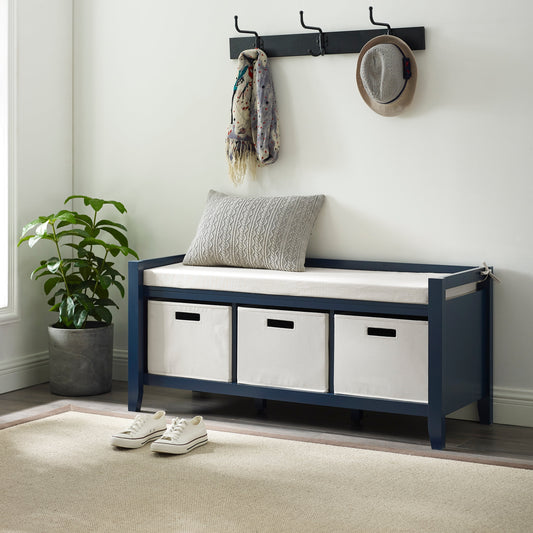 Linon Liesal Storage Bench with 3 Storage Bins, Navy Blue Finish with Cream Bins and Cushion