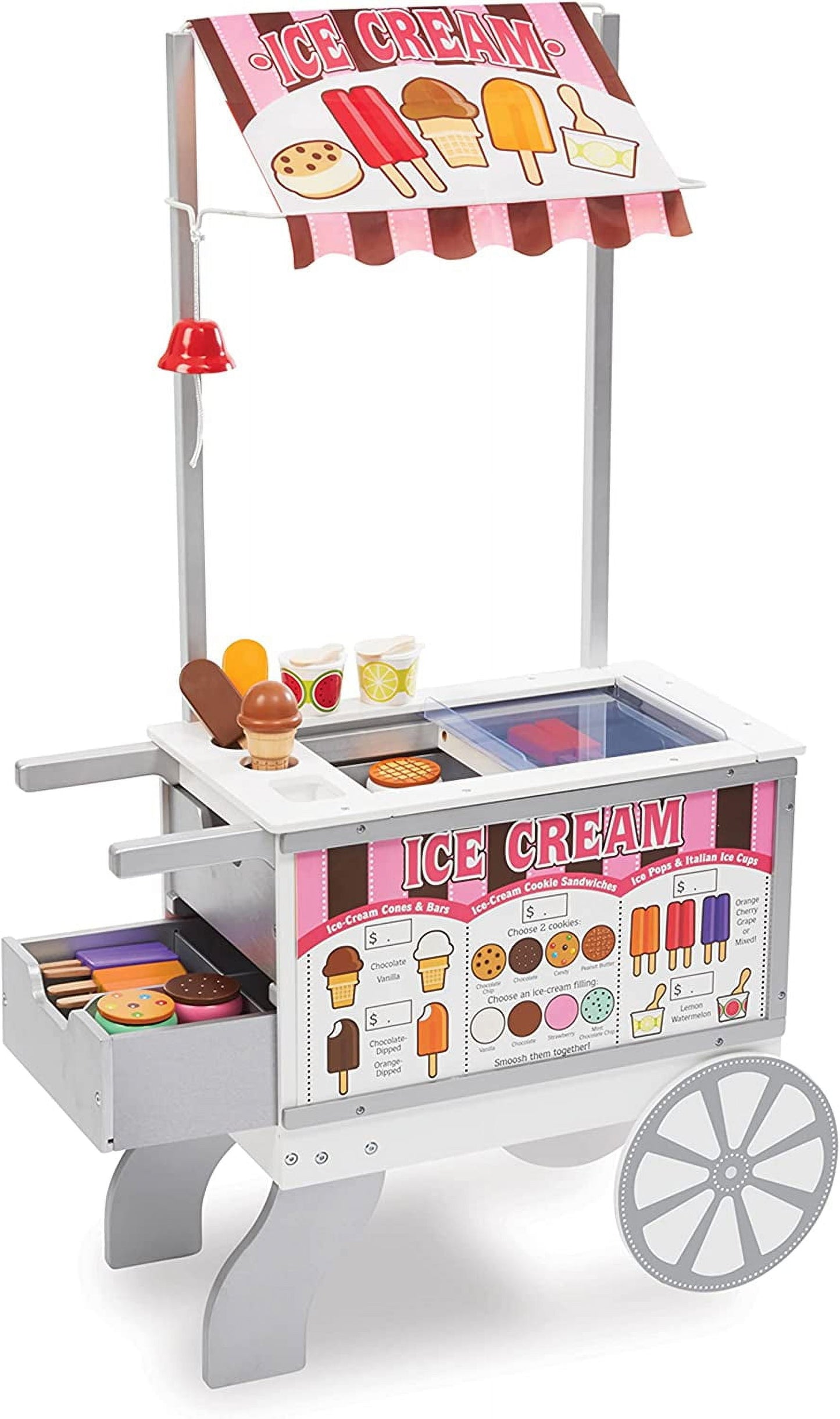 Melissa & Doug Wooden Snacks and Sweets Food Cart - 40+ Play Food pcs, Reversible Awning , Multi Colored