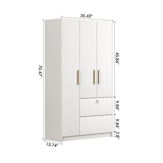 Nathaniel Home 3 Door Wardrobe with Drawers, Freestanding Bedroom Armoires, Clothes Storage Cabinet with Hanging Rod, Modern Wardrobe Closet, White