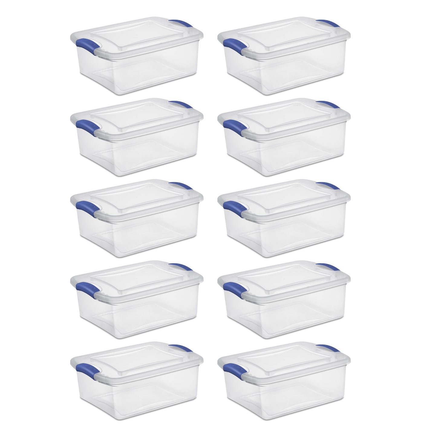 Sterilite 15 Quart Latch Box, Clear Plastic Storage Bin with Clear Lid, Blue, 10 Pack