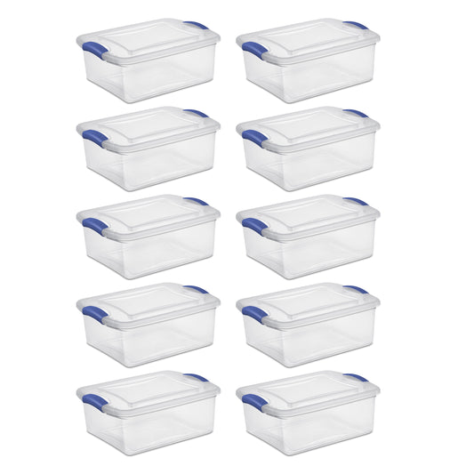 Sterilite 15 Quart Latch Box, Clear Plastic Storage Bin with Clear Lid, Blue, 10 Pack