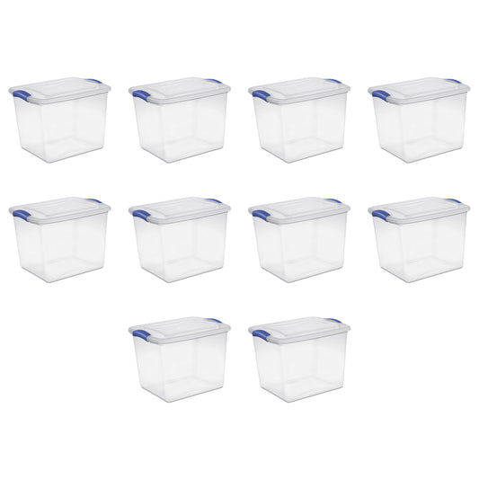 Sterilite 27 Quart Clear Plastic Storage Container with Latch Lid, Blue, 10 Pack