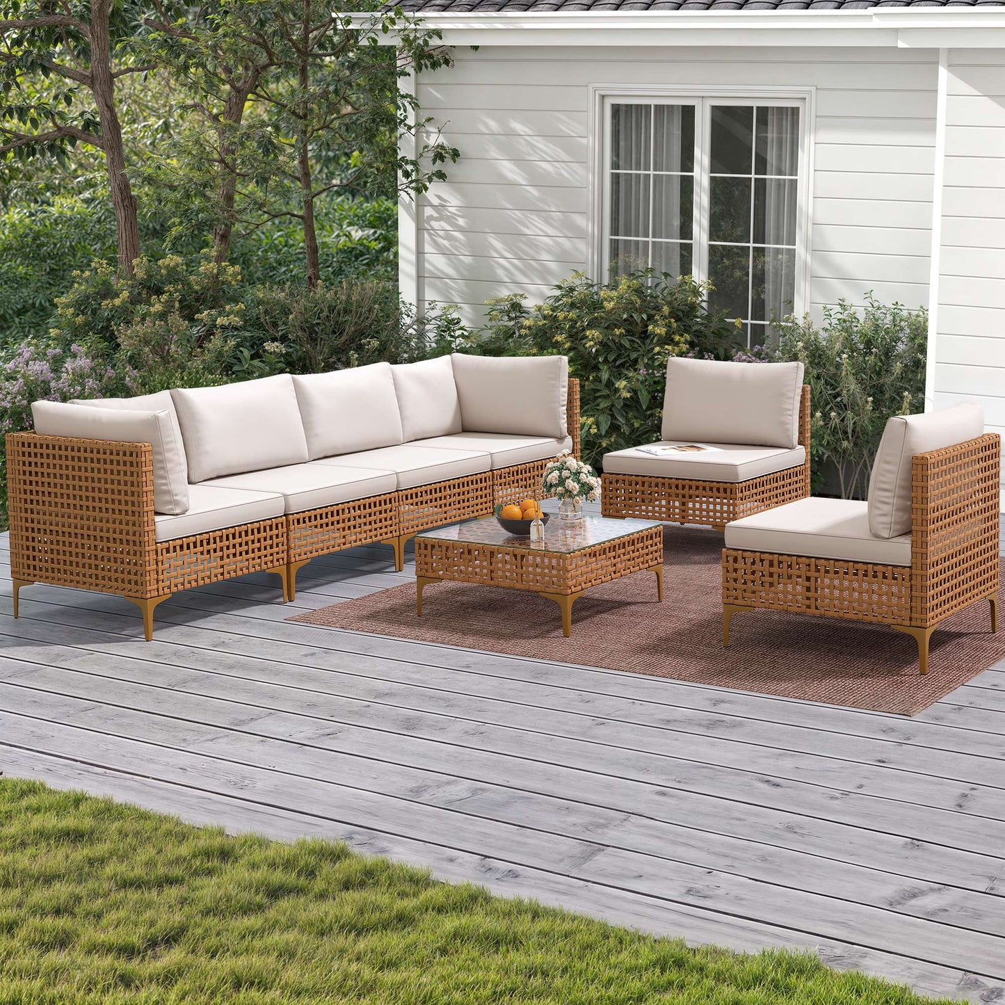 Uforic 7-Piece Outdoor Patio Furniture Set, PE Wicker Sectional Sofa Couch Patio Conversation Set for Outdoor Sectional Sofa with Coffee Table & Beige Cushions