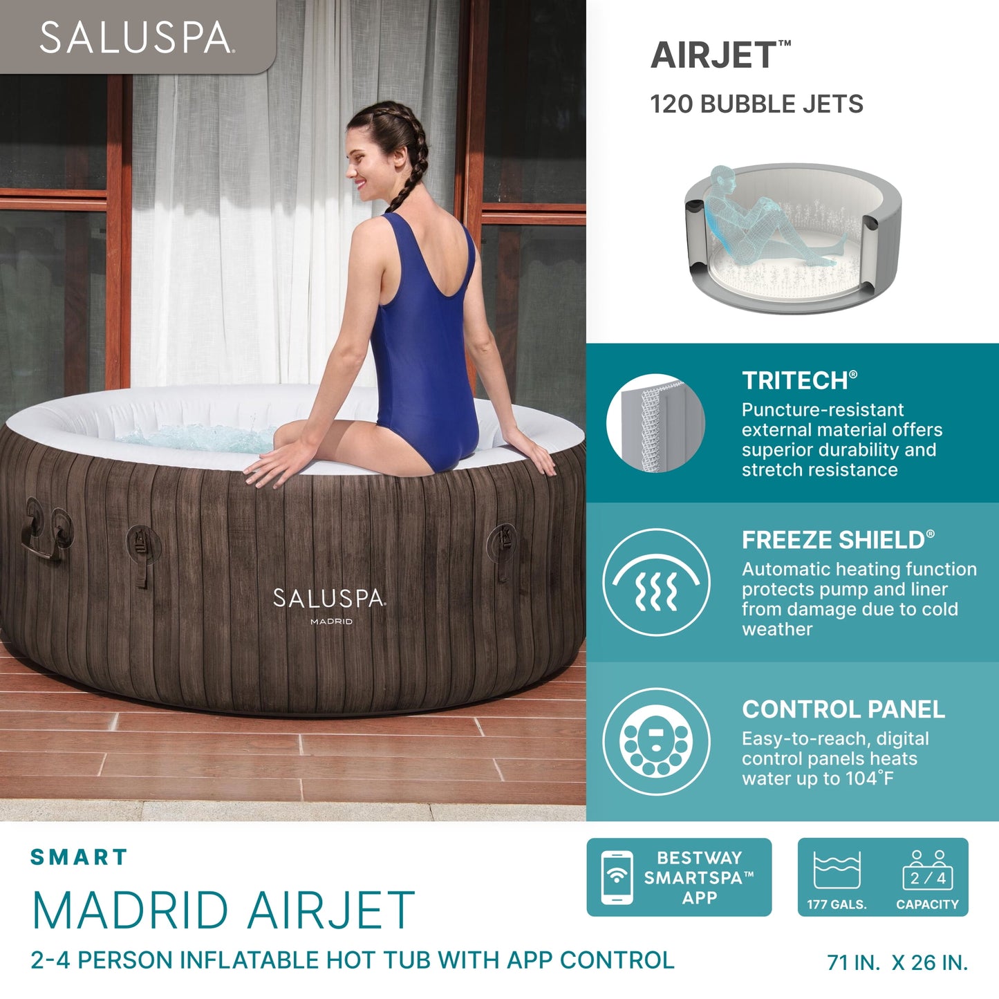 SaluSpa® Madrid Smart AirJet Outdoor Round Inflatable Hot Tub with App Control 2-4 Person with Pump #P09144