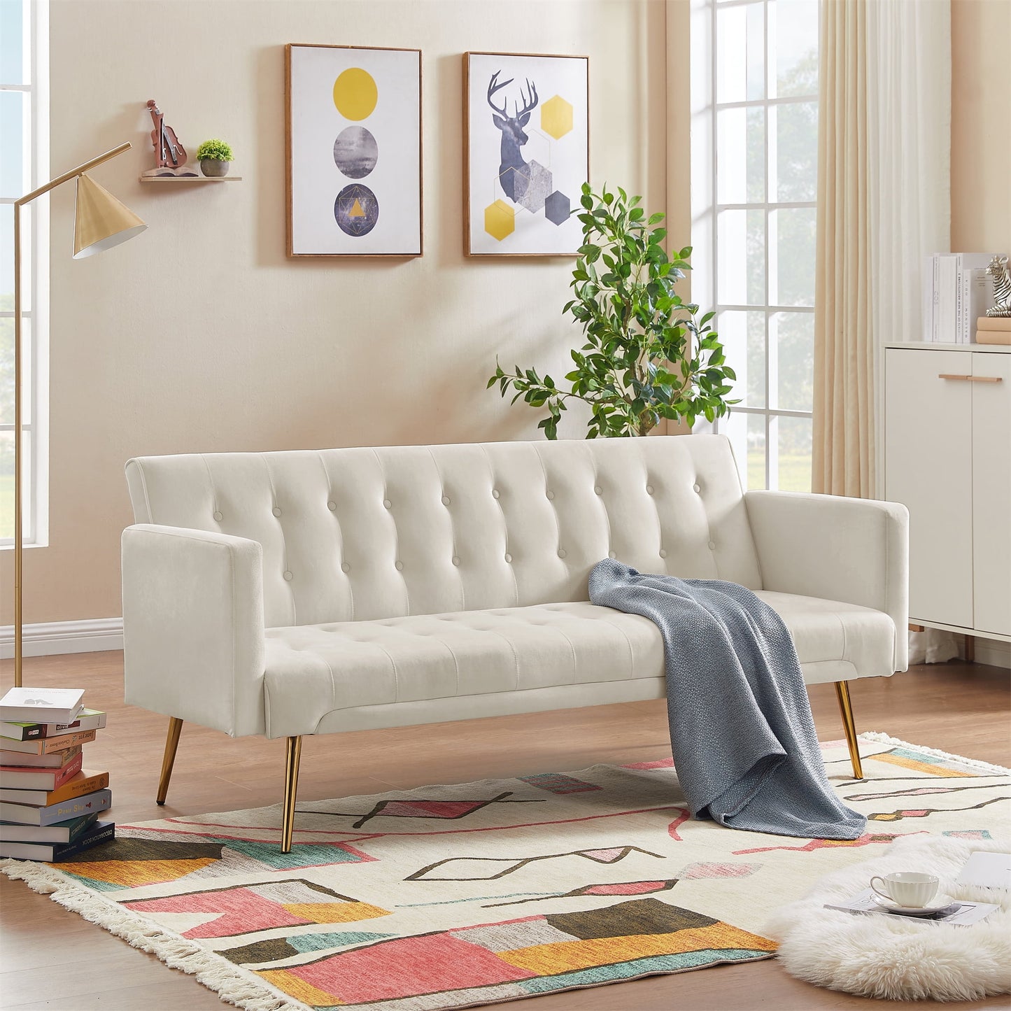 Bianlte Modern Velvet Futon Sofa Bed,Convertible Sleeper Sofa Couch with 3 Adjustable Couch Loveseat with Metal Leg for Living Room and Bedroom,Beige