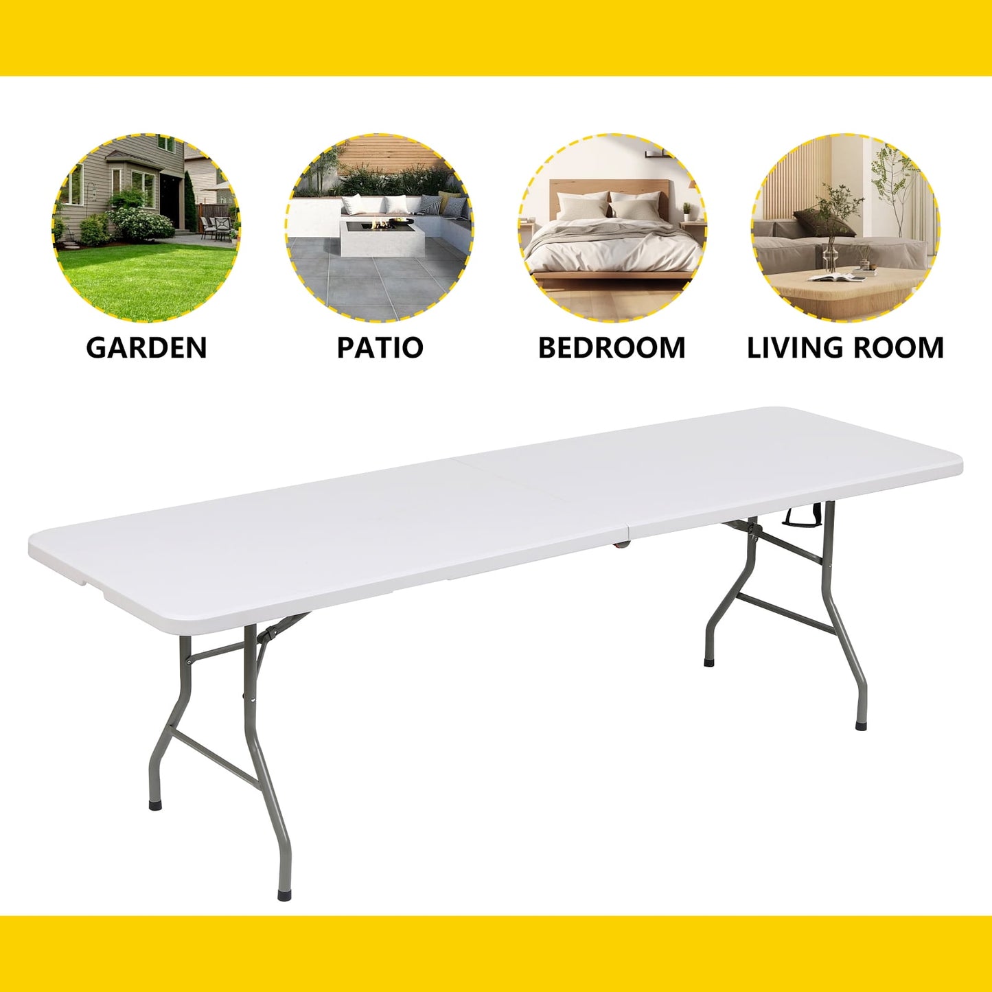 GIVIMO 8ft Folding Table,Fold-in-Half Plastic Table,Indoor Outdoor Picnic Party Dining Camp Tables,White