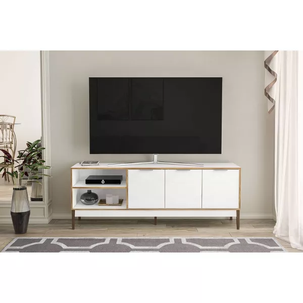 Boston TV Stand for TVs up to 75" White/Light Brown - Polifurniture: Modern Console with Drawers, Particle Board Construction