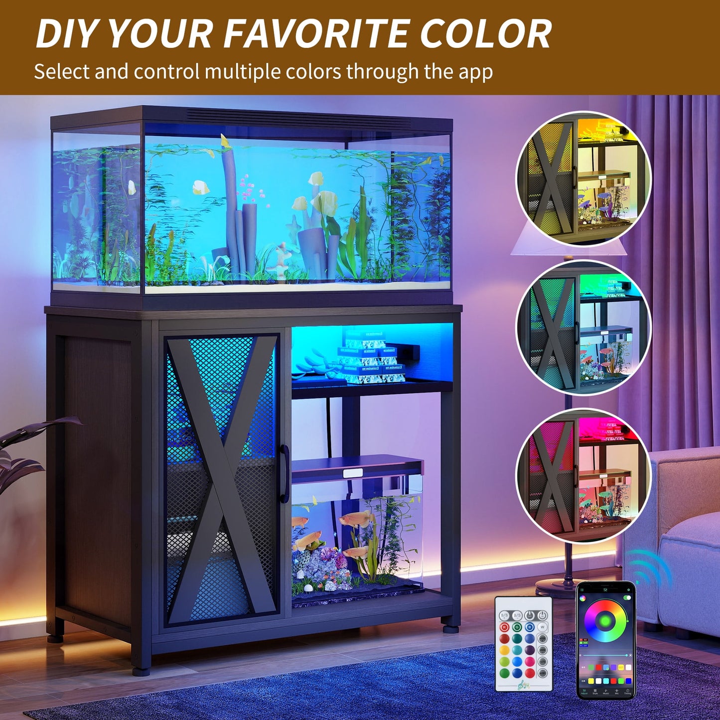 Uforic 40-50 Gallon Aquarium Stand with LED Light, Power Outlets & 3-Tier Storage, Black Metal