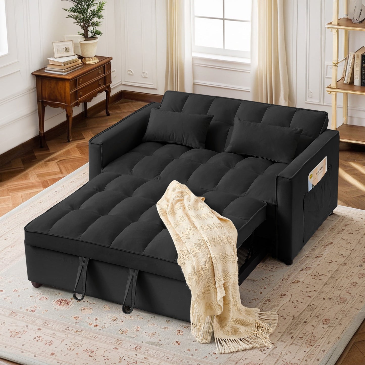 Lunale 55" Convertible Loveseat Sleeper, Tufted Pull Out Sofa Bed for Living Room, Black Velvet