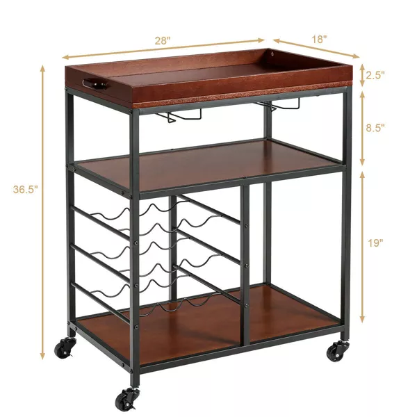 Costway 3 Tier Kitchen Trolley Utility Cart w/Wine Rack & Glass Holder
