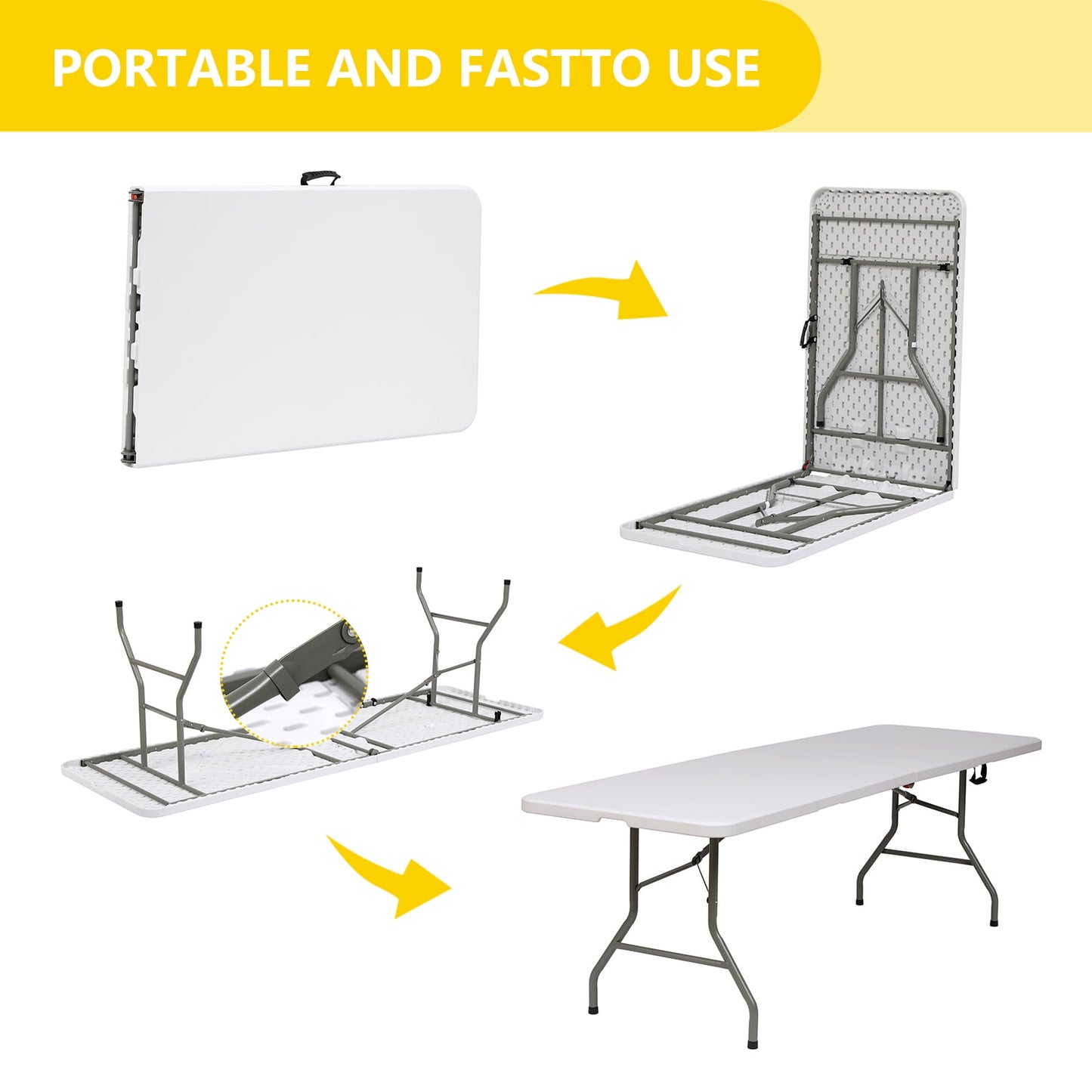 GIVIMO 8ft Folding Table,Fold-in-Half Plastic Table,Indoor Outdoor Picnic Party Dining Camp Tables,White