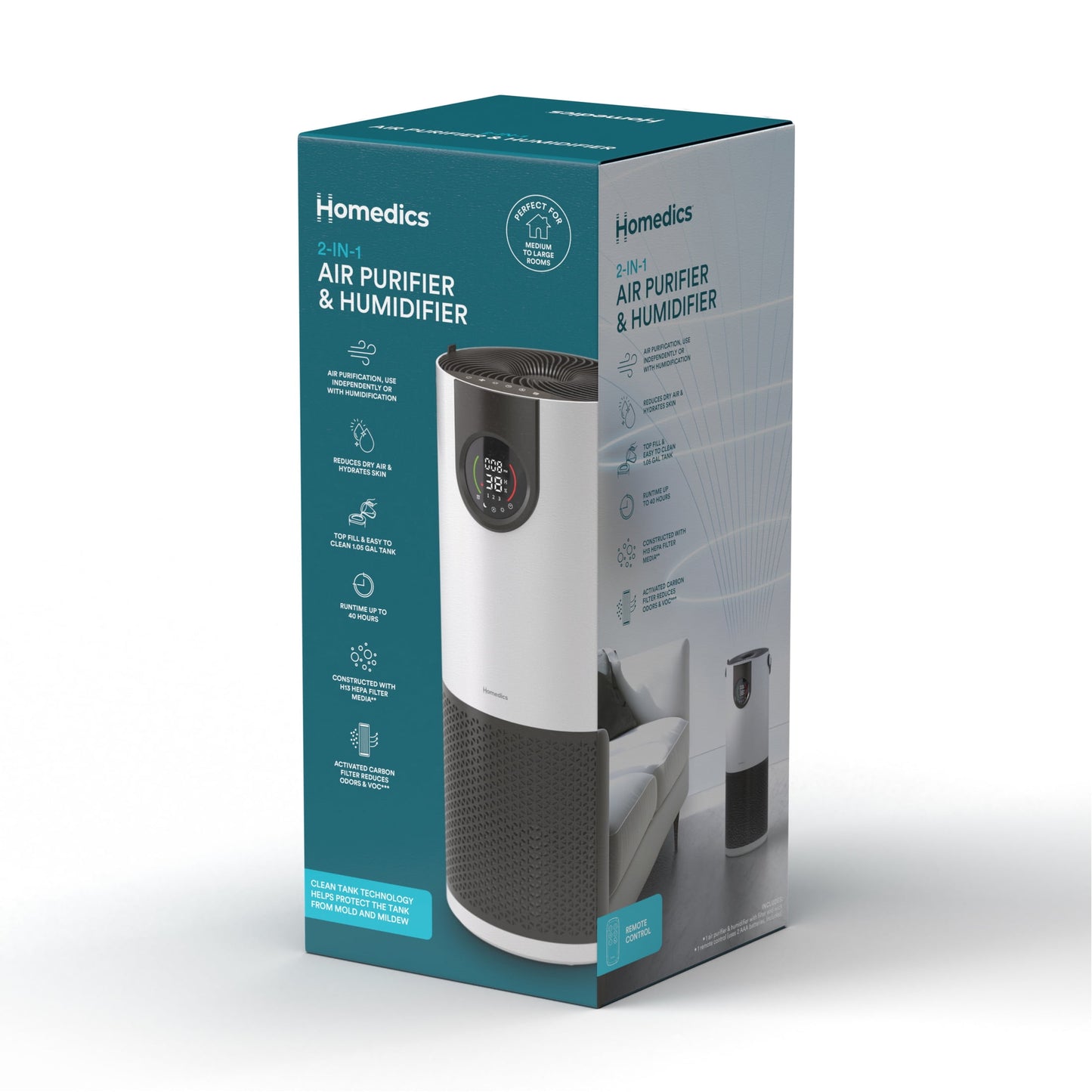 Homedics® 2-in-1 Air Purifier &  Humidifier, with Digital Particle Sensor, Color-Coded Indoor Air quality
