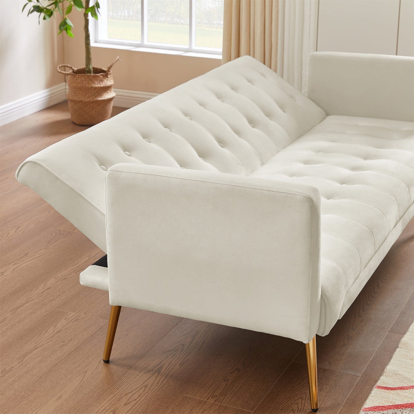 Bianlte Modern Velvet Futon Sofa Bed,Convertible Sleeper Sofa Couch with 3 Adjustable Couch Loveseat with Metal Leg for Living Room and Bedroom,Beige