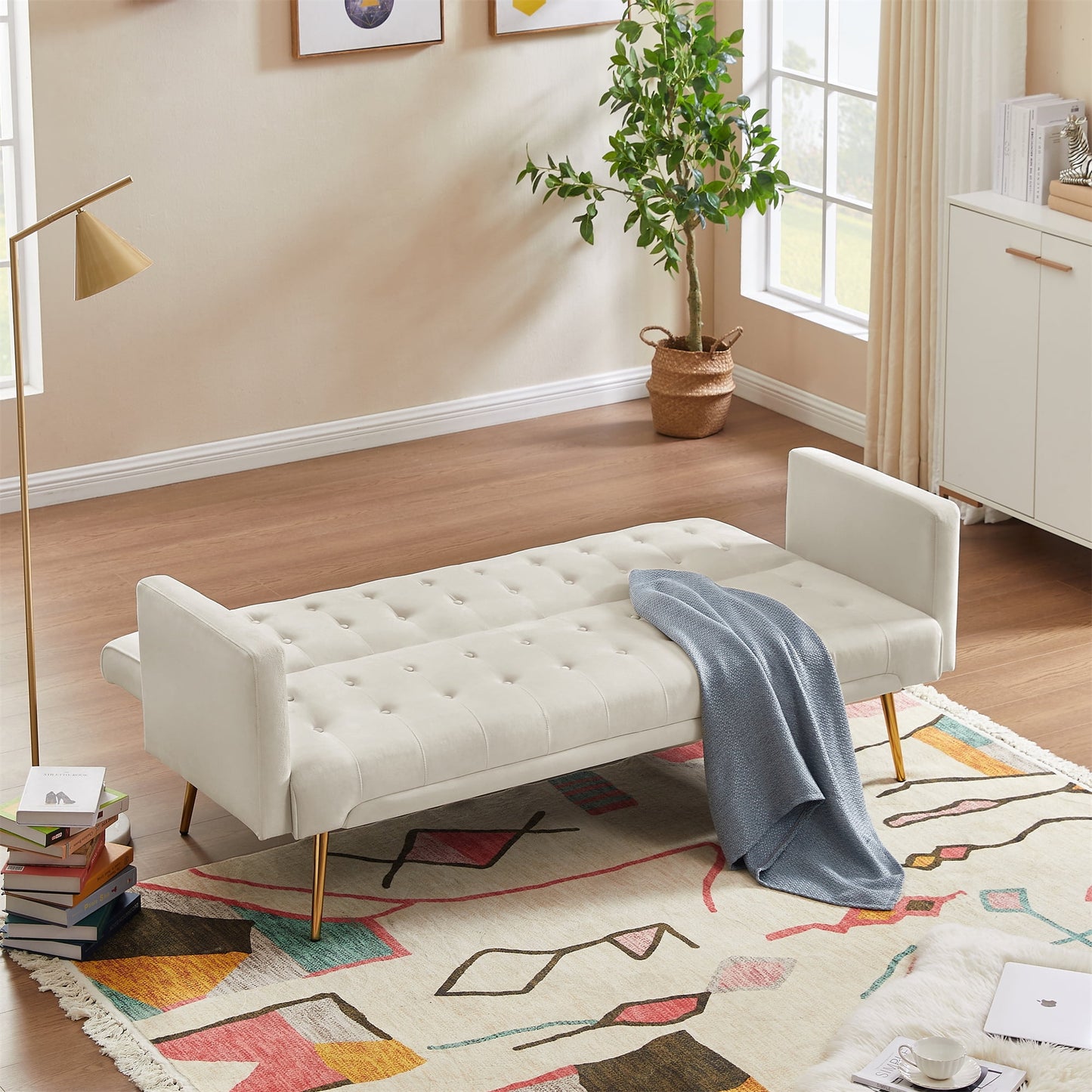Bianlte Modern Velvet Futon Sofa Bed,Convertible Sleeper Sofa Couch with 3 Adjustable Couch Loveseat with Metal Leg for Living Room and Bedroom,Beige