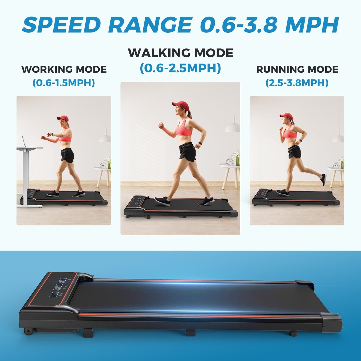 JOINSUN Compact Armless Treadmill with Remote Control, Space-Saving Design for Home & Office, Speed Range 0.6~3.8mph