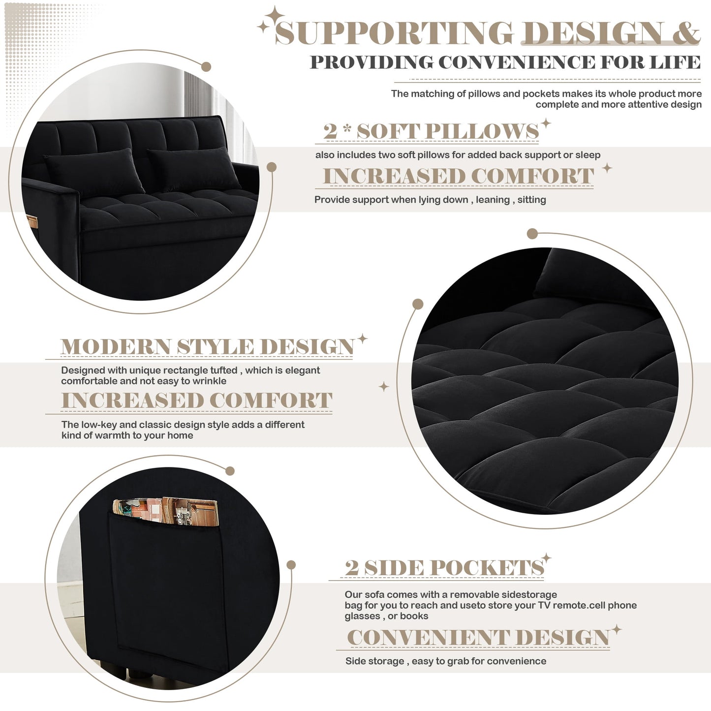 Lunale 55" Convertible Loveseat Sleeper, Tufted Pull Out Sofa Bed for Living Room, Black Velvet