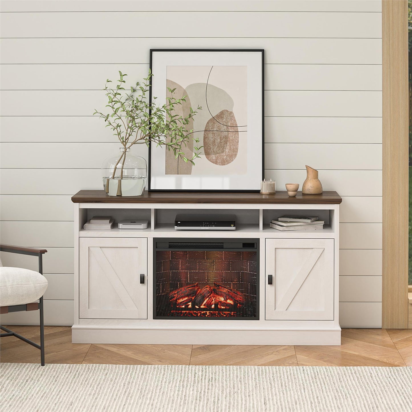 Ameriwood Home Ashton Lane Electric Fireplace TV Stand for TVs up to 65", Magnolia Oak/Columbia Walnut