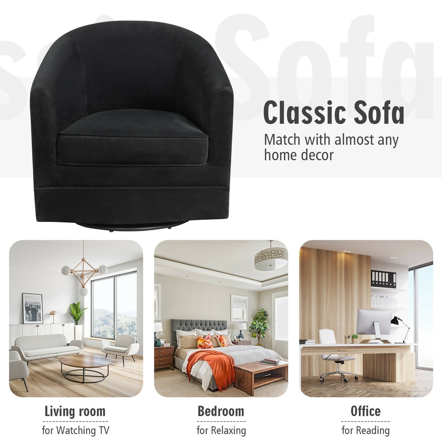 Gymax Velvet Swivel Barrel Accent Chairs with Metal Base, Black (Set of 2)