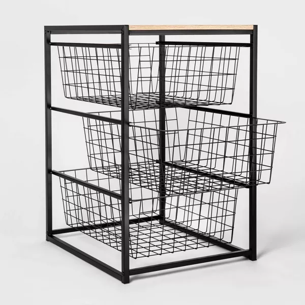 3 Drawer Organizer Black Metal with Natural Wood - Brightroom: Decorative Storage Drawers, Bedroom Dresser, Anti-Tip