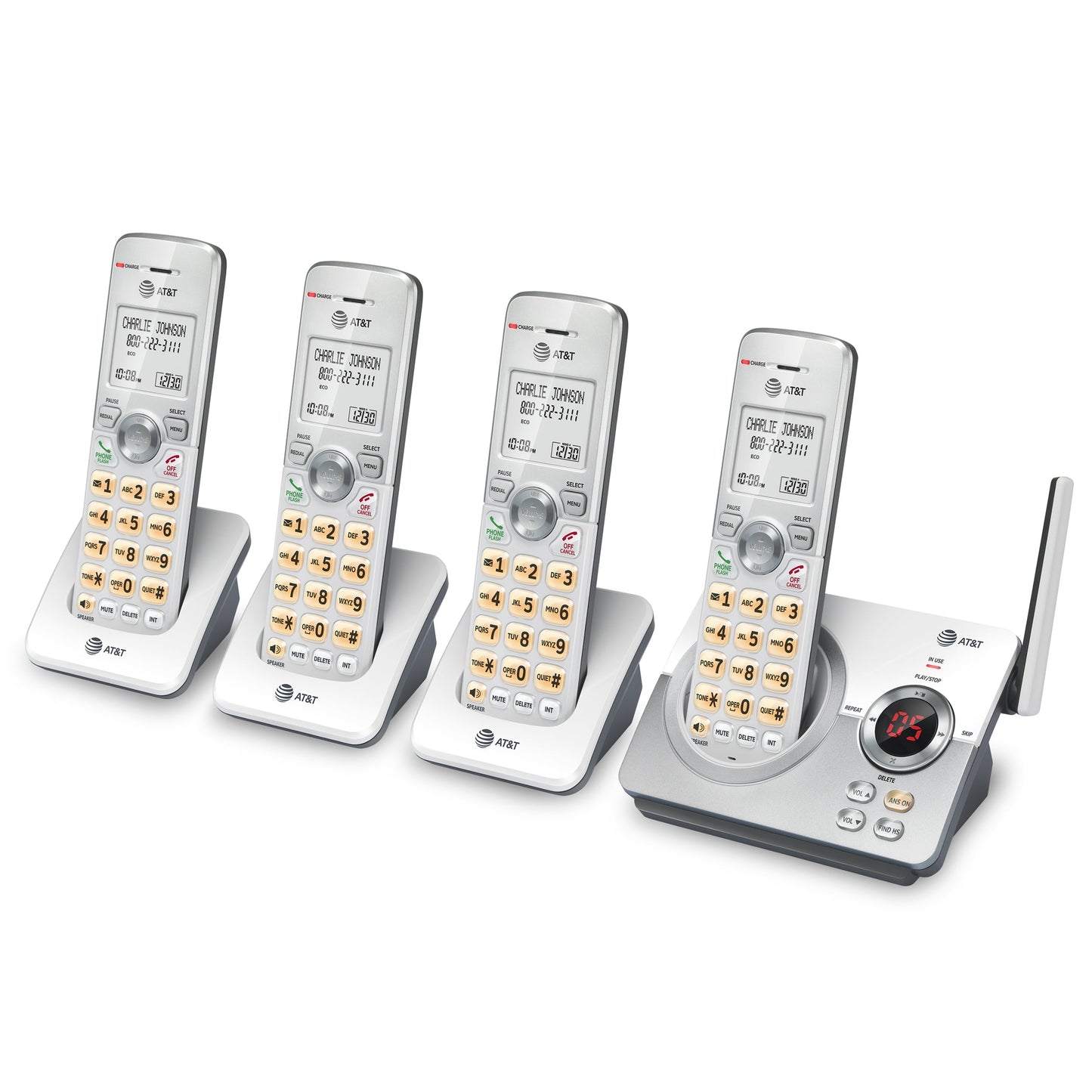 AT&T 4-Handset Cordless Phone with Unsurpassed Range, Answering System and Call Block, EL52429 (White/Silver)